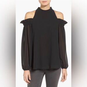 Trouve Nordstrom Black Date Night Cold-Shoulder Long Sleeve Chiffon Blouse Top